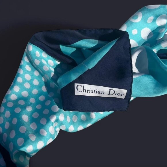 Vntg 60's Authentic Blue Hand-Rolled Christian Dior Silk Scarf Made in France - Picture 2 of 6